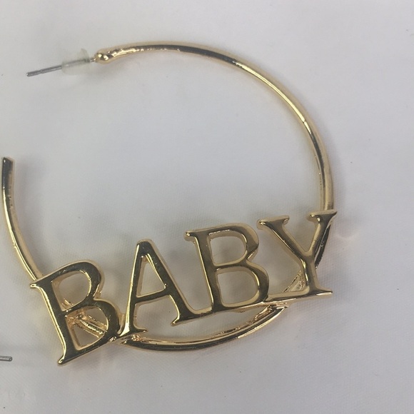 BABY spellout gold tone hoop earring 90's hiphop vibe retro - Picture 2 of 4